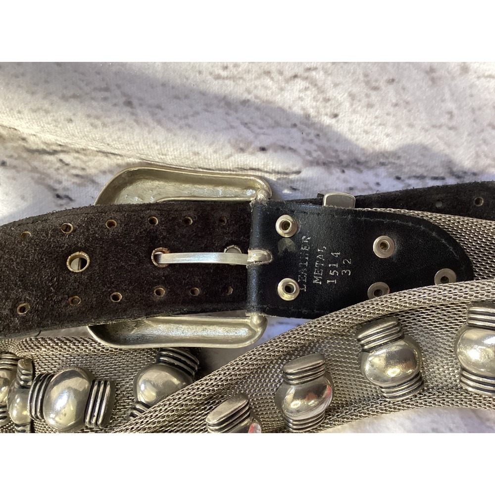 Vintage Western Metal Mesh Studded Leather Belt Silver Black Size 32 1514 - Picture 2 of 6